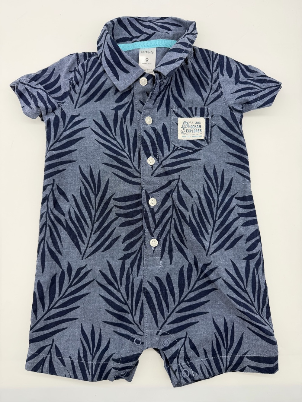 Carters Baby Boy 9M One Piece Outfit Short Sleeve Shorts Denim Blue Navy Leaves